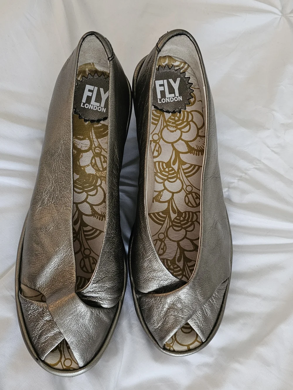Fly London Women’s Metallic Silver Peep-Toe Wedges